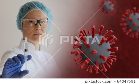 Covid 19 Coronavirus vaccine on the red background with asian woman in background Covid 19 Coronavirus vaccine on the red background with asian woman in background 64047591