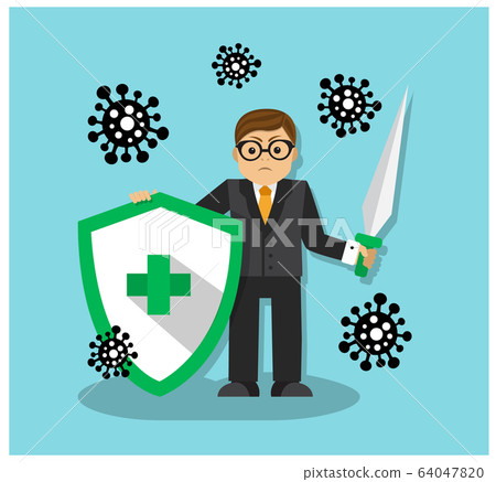 a man holds a shield in his hands and the sword fights a dangerous virus a man holds a shield in his hands and the sword fights a dangerous virus 64047820