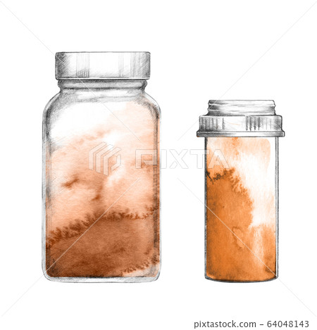 Hand drawn empty bottles for pills. 64048143
