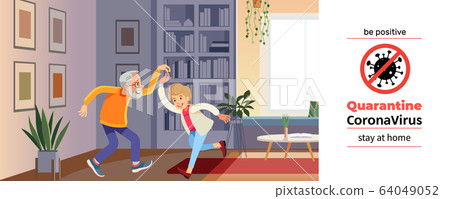 Beautiful senior couple is dancing and smiling during coronavirus crisis. Covid-19 or Coronavirus. Quarantine. Stay at home concept. Cartoon vector illustration Beautiful senior couple is dancing and smiling during coronavirus crisis. Covid-19 or Coronavirus. Quarantine. Stay at home concept. Cartoon vector illustration 64049052