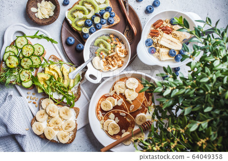 Flat lay of healthy vegan breakfast. Flat lay of healthy vegan breakfast. 64049358