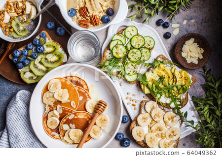 Healthy vegetarian breakfast, flat lay. Healthy vegetarian breakfast, flat lay. 64049362