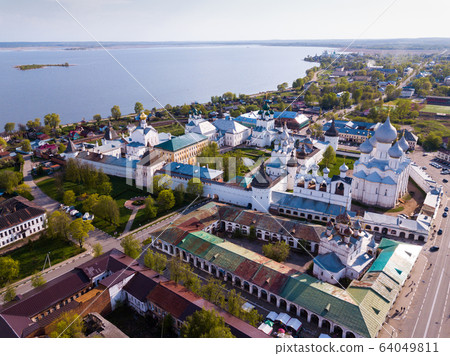Aerial view of city of Rostov-on-don with monastery and river Don 64049811