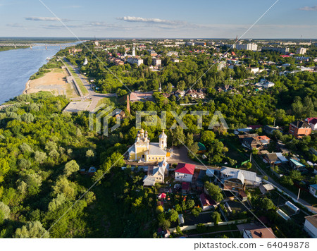 Summer aerial view of old district of Murom with Oka 64049878