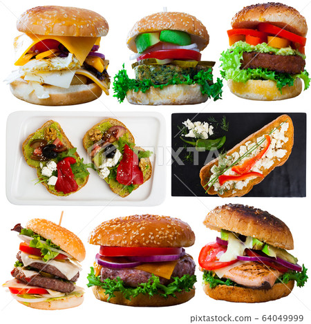 Assorted hamburgers, sandwiches and toasts isolated on white 64049999