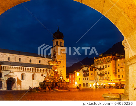 Nettuno Fountain in Duomo square and Civic tower. Trento. Italy 64050226