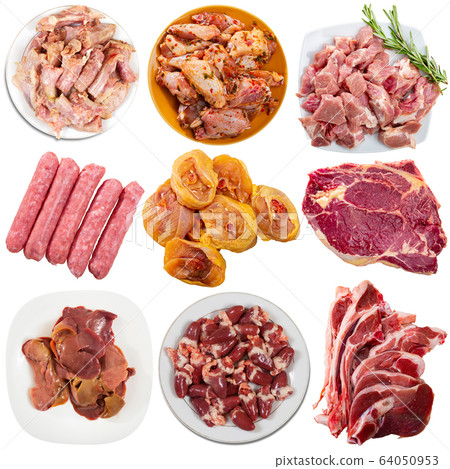 Various raw meat products isolated on white background 64050953