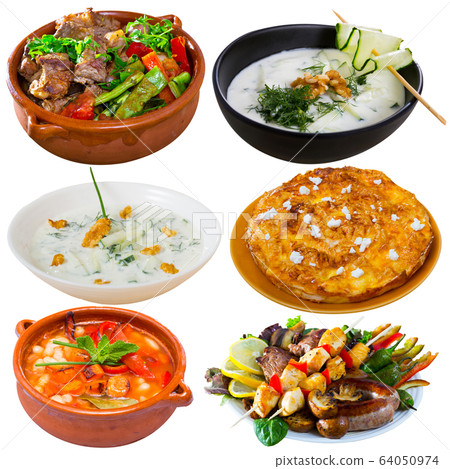Dishes of traditional Bulgarian cuisine with meat, vegetables, tasty ingredients Dishes of traditional Bulgarian cuisine with meat, vegetables, tasty ingredients 64050974