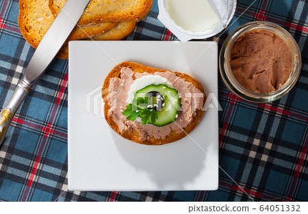 Top view of toast with pate, fresh cheese on white plate 64051332