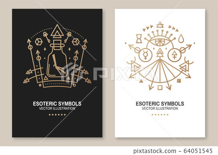 Esoteric symbols poster, flyer. Vector. Thin line geometric badge. Outline icon for alchemy, sacred geometry. Mystic, magic design with chemistry flask with crow foot, sun, all-seeing eye 64051545