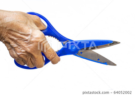 Senior woman's right hand holding Stainless mix blue plastic scissors on white background, Close up shot, Selective focus, Kitchen utensils concept 64052002