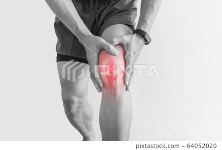 Joint pain, Arthritis and tendon problems. a man touching nee at pain point, on white background Joint pain, Arthritis and tendon problems. a man touching nee at pain point, on white background 64052020