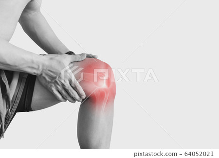 Joint pain, Arthritis and tendon problems. a man touching nee at pain point, on white background 64052021