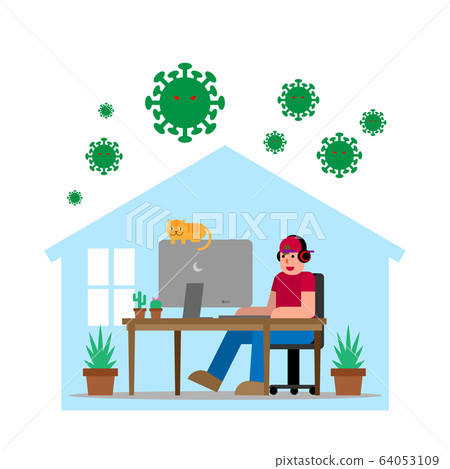 Relax Man Working at Home with His Cat Protected from COVID-19 virus. Relax Man Working at Home with His Cat Protected from COVID-19 virus. 64053109