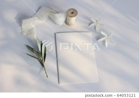 Summer wedding stationery mock-up scene. Blank greeting card, invitation, olive branch, white carissa macrocarpa, natal plum flowers and silk ribbon. White table background in sunrise light, shadows. 64053121