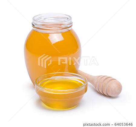 honey dipper and honey in jar on white background honey dipper and honey in jar on white background 64053646
