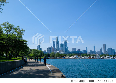 USA Illinois Chicago Lake Michigan and downtown 64053708