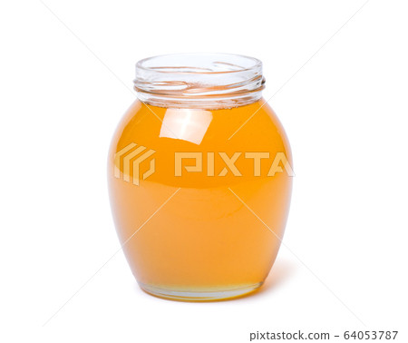 honey dipper and honey in jar on white background 64053787