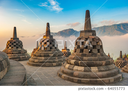 Borobudur temple at sunrise, Java, Indonesia Borobudur temple at sunrise, Java, Indonesia 64055773