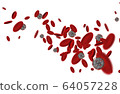 Coronavirus cells among red blood cells. 3D rendering. 64057228