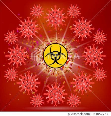 Stop Pandemic Novel Coronavirus Sign and Biohazard Logo on Red Background. COVID-19 64057767