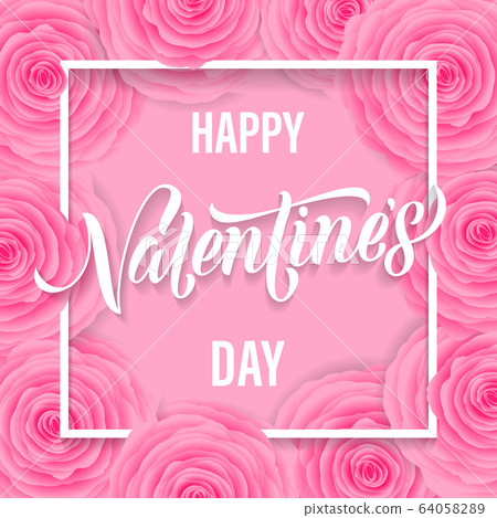 Happy Valentines day lettering text on rose flower 64058289