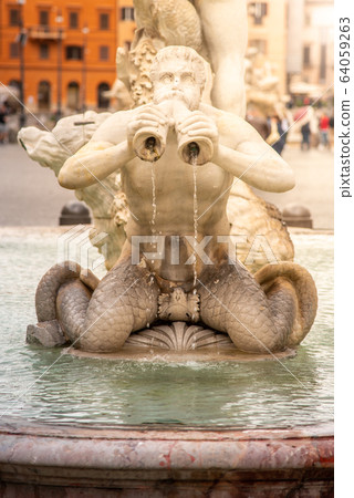 Fontana del Moro, or Moor Fountain, on Piazza Navona, Rome, Italy. Detailed view of sculptures 64059263