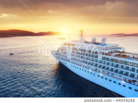 Croatia. Aerial view at the cruise ship during sunset. Adventure and travel.  64059288
