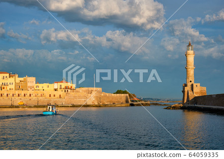 Boat in picturesque old port of Chania, Crete island. Greece Boat in picturesque old port of Chania, Crete island. Greece 64059335