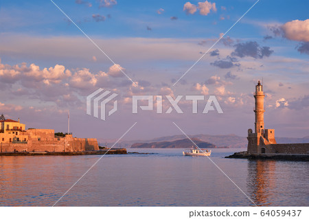 Boat in picturesque old port of Chania, Crete island. Greece Boat in picturesque old port of Chania, Crete island. Greece 64059437