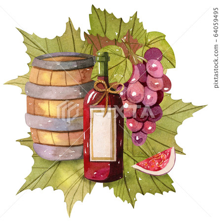 Bottle of wine in a wooden box - watercolor illustration. 64059495