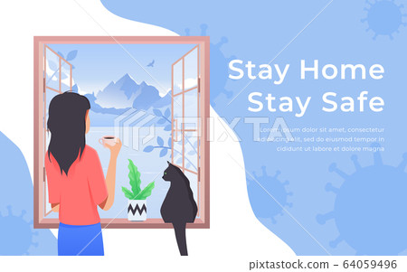 Quarantine and self isolation concept. Girl and cat looking out the window. Staying home with self quarantine. Protect from viruses Quarantine and self isolation concept. Girl and cat looking out the window. Staying home with self quarantine. Protect from viruses 64059496