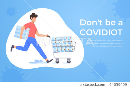 Running man pushing supermarket trolley full of toilet paper. Coronavirus panic 2020 concept. Stocking up toilet paper for home quarantine. Covidiot Running man pushing supermarket trolley full of toilet paper. Coronavirus panic 2020 concept. Stocking up toilet paper for home quarantine. Covidiot 64059499
