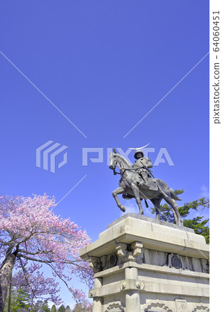 Cherry blossoms and Date Masamune horse riding statue Cherry blossoms and Date Masamune horse riding statue 64060451