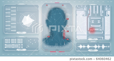 Biometric Identification or Recognition System of Person. The facial recognition technology. Authentication by facial recognition concept. Biometric. Security system. Set HUD, GUI. Vector Biometric Identification or Recognition System of Person. The facial recognition technology. Authentication by facial recognition concept. Biometric. Security system. Set HUD, GUI. Vector 64060462