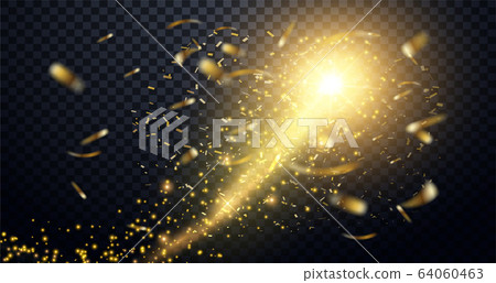 Golden particles wave. Sparkle stardust. Vector glittery twirl with shiny Christmas confetti. Christmas background with gold magic star with bokeh effects. Vector Golden particles wave. Sparkle stardust. Vector glittery twirl with shiny Christmas confetti. Christmas background with gold magic star with bokeh effects. Vector 64060463