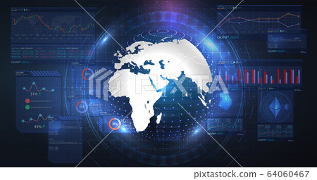 Blue futuristic background. Bitcoin and blockchain. Electronic cryptocurrency and modern technology. Digital transformation. Hologram a globe of the 64060467