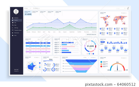 Dashboard, great design for any site purposes. Business infographic template. Vector flat illustration. Big data concept Dashboard user admin panel template design. Analytics admin dashboard. UI Dashboard, great design for any site purposes. Business infographic template. Vector flat illustration. Big data concept Dashboard user admin panel template design. Analytics admin dashboard. UI 64060512