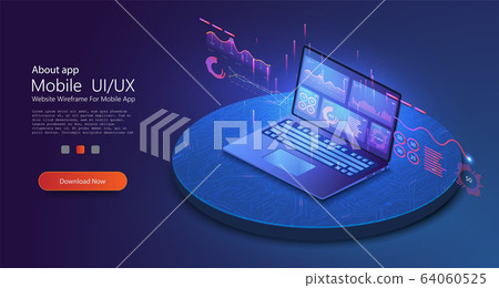 Application of laptop with business graph and analytics data on isometric laptop . Analysis trends and financial strategy by using infographic chart. Online statistics and data Analytics. Vector 64060525