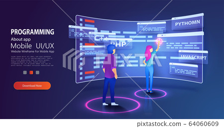 People programmers coding and correct errors in project. Dashboard screen with program code. Programmer at work concept banner. Can use for web banner Trendy flat style. Isometric UI UX 64060609