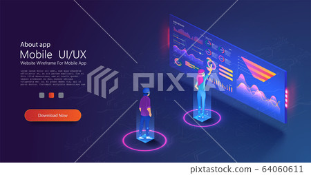 People work and interacting with graphs, icons and devices. Application of Smartphone with business graph and analytics data on isometric mobile phone. Mobile application and website header images People work and interacting with graphs, icons and devices. Application of Smartphone with business graph and analytics data on isometric mobile phone. Mobile application and website header images 64060611