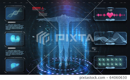 Medical examination in style HUD, UI, UX, GUI. Medical Health Care Human Virtual Body Hi Tech Diagnostic Panel. 64060630