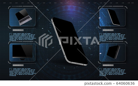 Realistic set device smartphone, laptop, tablet mockup with futuristic technology background. Hi-tech. Mockup generic device. Template for infographics or presentation. Collection gadgets 3D isometric 64060636
