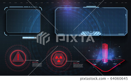 HUD, UI, GUI futuristic user interface screen elements set. High tech screen for video game. Sci-fi concept design. Callouts titles. Modern banners, frames of lower third. Red. Vector 64060645