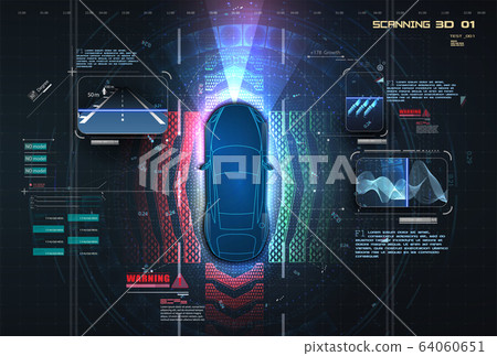 Automatic braking system avoid car crash from car accident. Concept for driver assistance systems. Autonomous car. Driverless car. Self driving vehicle. Future concepts smart auto. HUD, GUI, hologram 64060651