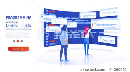 People programmers coding and correct errors in project. Dashboard screen with program code. Programmer at work concept banner. Can use for web banner Trendy flat style. Isometric vector illustration 64060661