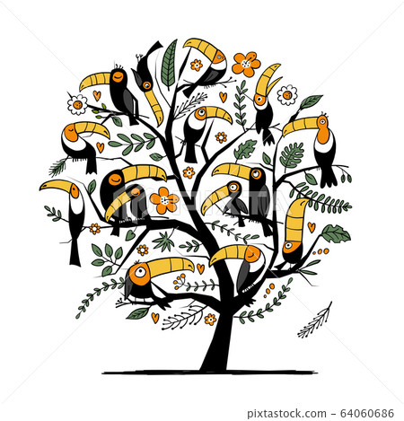 Tree with toucans, paradise tropical birds for your design 64060686