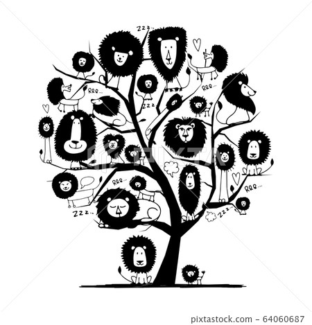 Funny lions on tree, sketch for your design 64060687