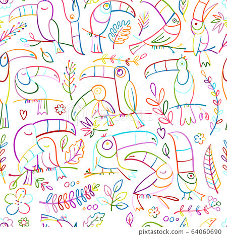 Toucans, paradise tropical bird. Seamless pattern for your design Toucans, paradise tropical bird. Seamless pattern for your design 64060690