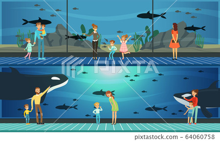 People Visiting Oceanarium, Parents and their Kids Watching Underwater World with Sea Animals Vector Illustration 64060758